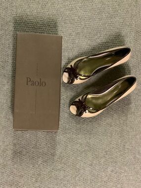 Paolo Pink Patent Kitten Heels Brown Patent Trim and Peep Toe